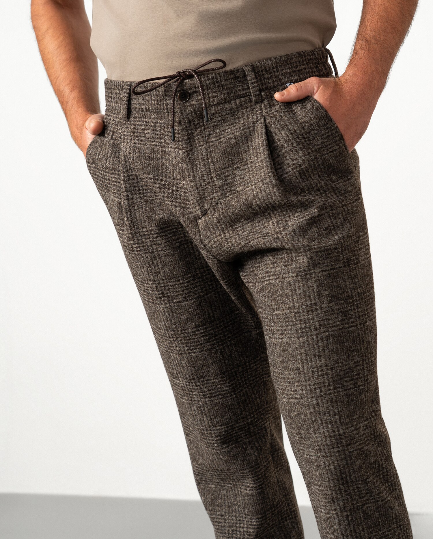 Pantalón de hombre con cordón y goma en cuadro gales - Etiem - Marrón Marrón-6