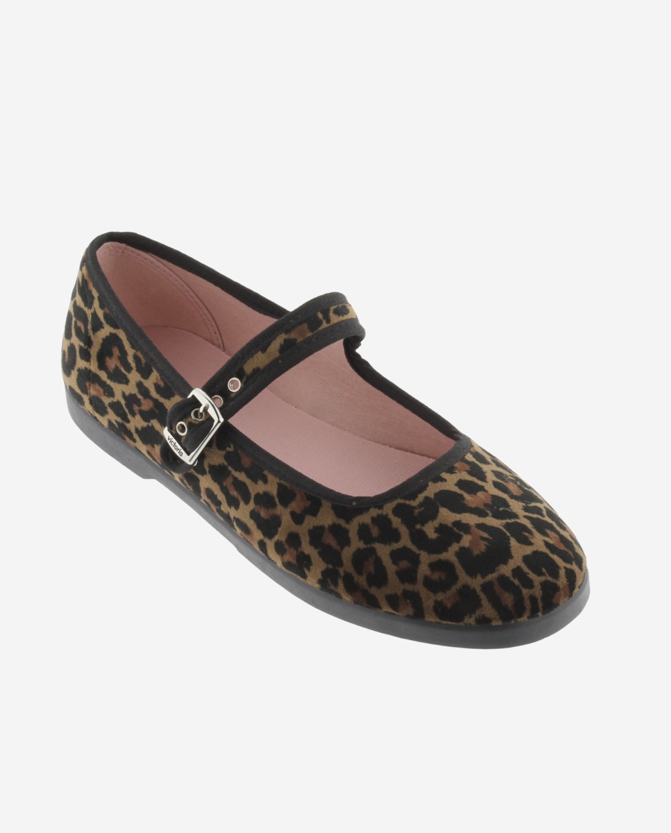 Bailarinas de niña de terciopelo animal print con ribete al tono y cierre de hebilla - Victoria - Estampado Estampado-2