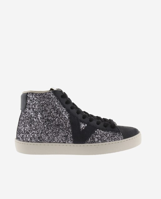 Imagen 0 de Zapatillas deportivas de mujer abotinadas de glitter con piezas de piel y serraje en contraste