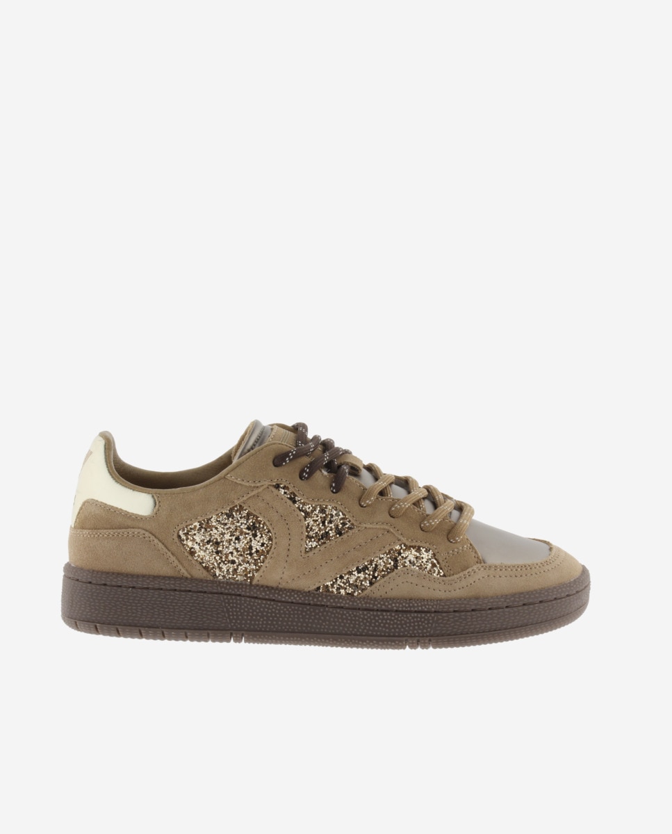 Zapatillas deportivas de mujer de glitter con piezas de serraje y metalizadas - Victoria - Oro Oro-1