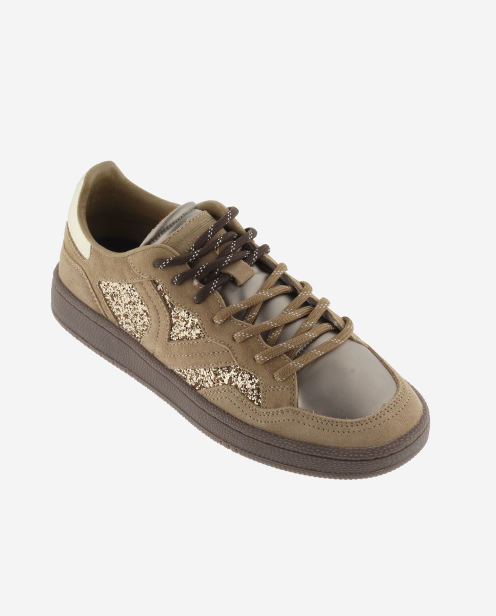 Zapatillas deportivas de mujer de glitter con piezas de serraje y metalizadas - Victoria - Oro Oro-3