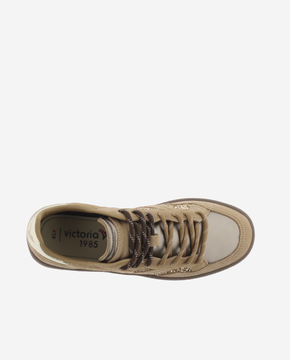 Zapatillas deportivas de mujer de glitter con piezas de serraje y metalizadas - Victoria - Oro Oro-4