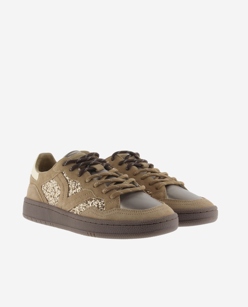 Zapatillas deportivas de mujer de glitter con piezas de serraje y metalizadas - Victoria - Oro Oro-5
