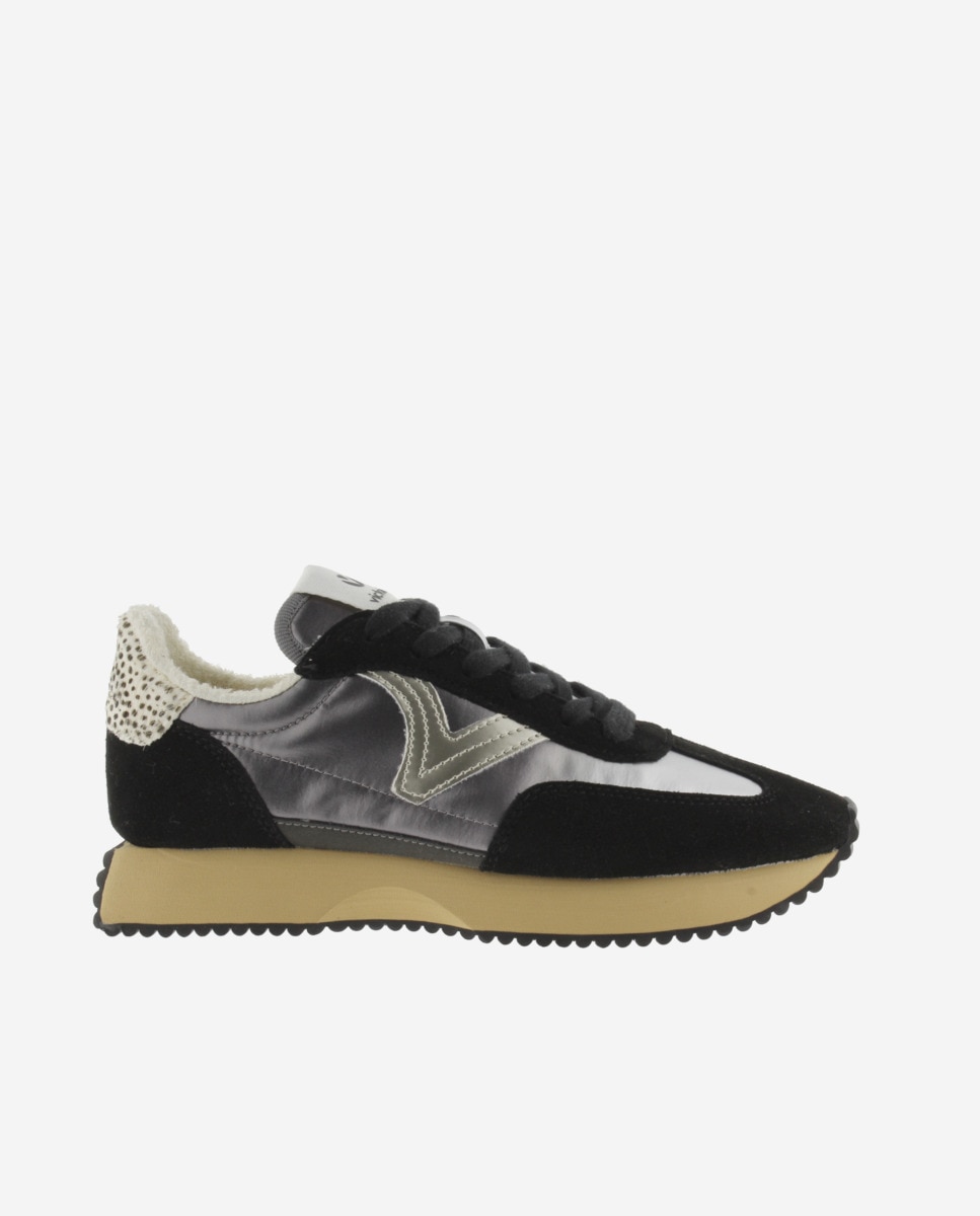 Zapatillas deportivas de mujer de nylon metalizado con piezas animal print y de serraje y suela en sierra - Victoria - Negro Negro-1