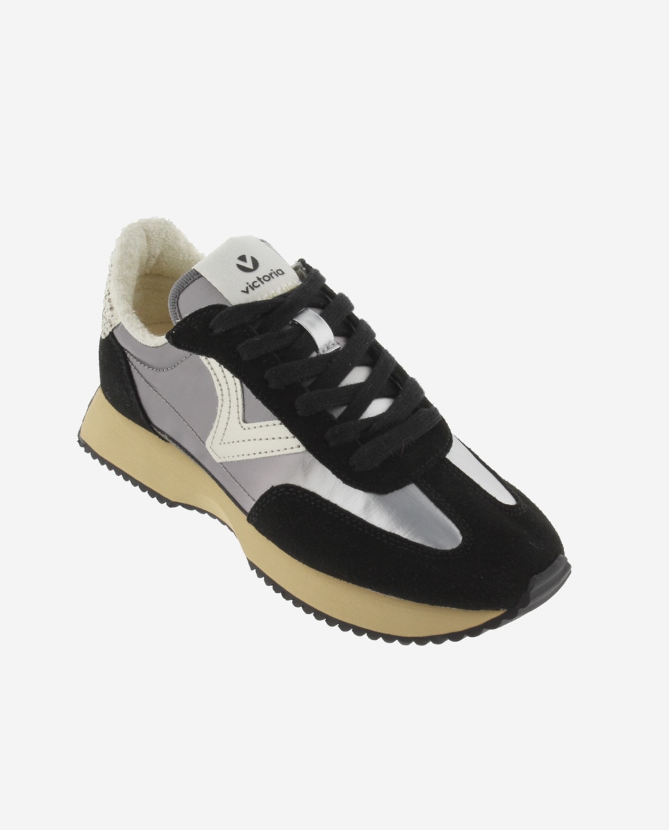 Zapatillas deportivas de mujer de nylon metalizado con piezas animal print y de serraje y suela en sierra - Victoria - Negro Negro-3