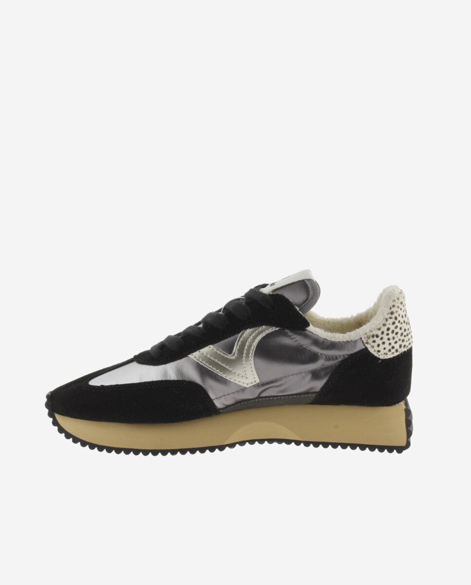 Zapatillas deportivas de mujer de nylon metalizado con piezas animal print y de serraje y suela en sierra - Victoria - Negro Negro-2