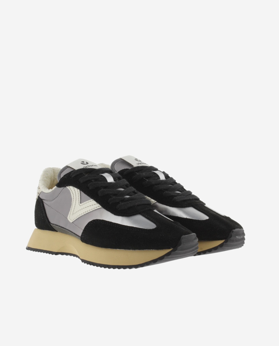 Zapatillas deportivas de mujer de nylon metalizado con piezas animal print y de serraje y suela en sierra - Victoria - Negro Negro-5