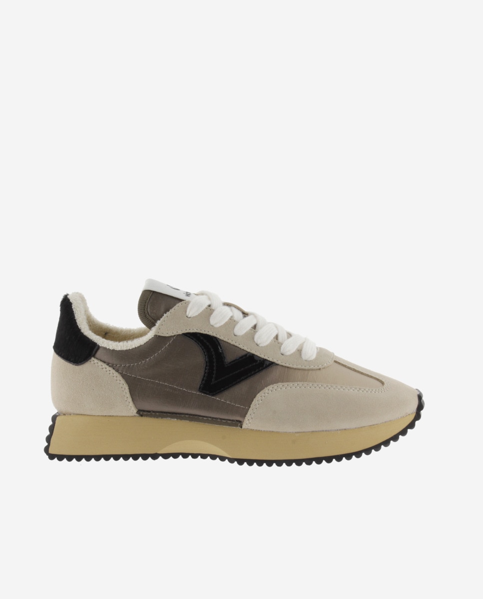Zapatillas deportivas de mujer de nylon metalizado con piezas animal print y de serraje y suela en sierra - Victoria - Beige Beige-1