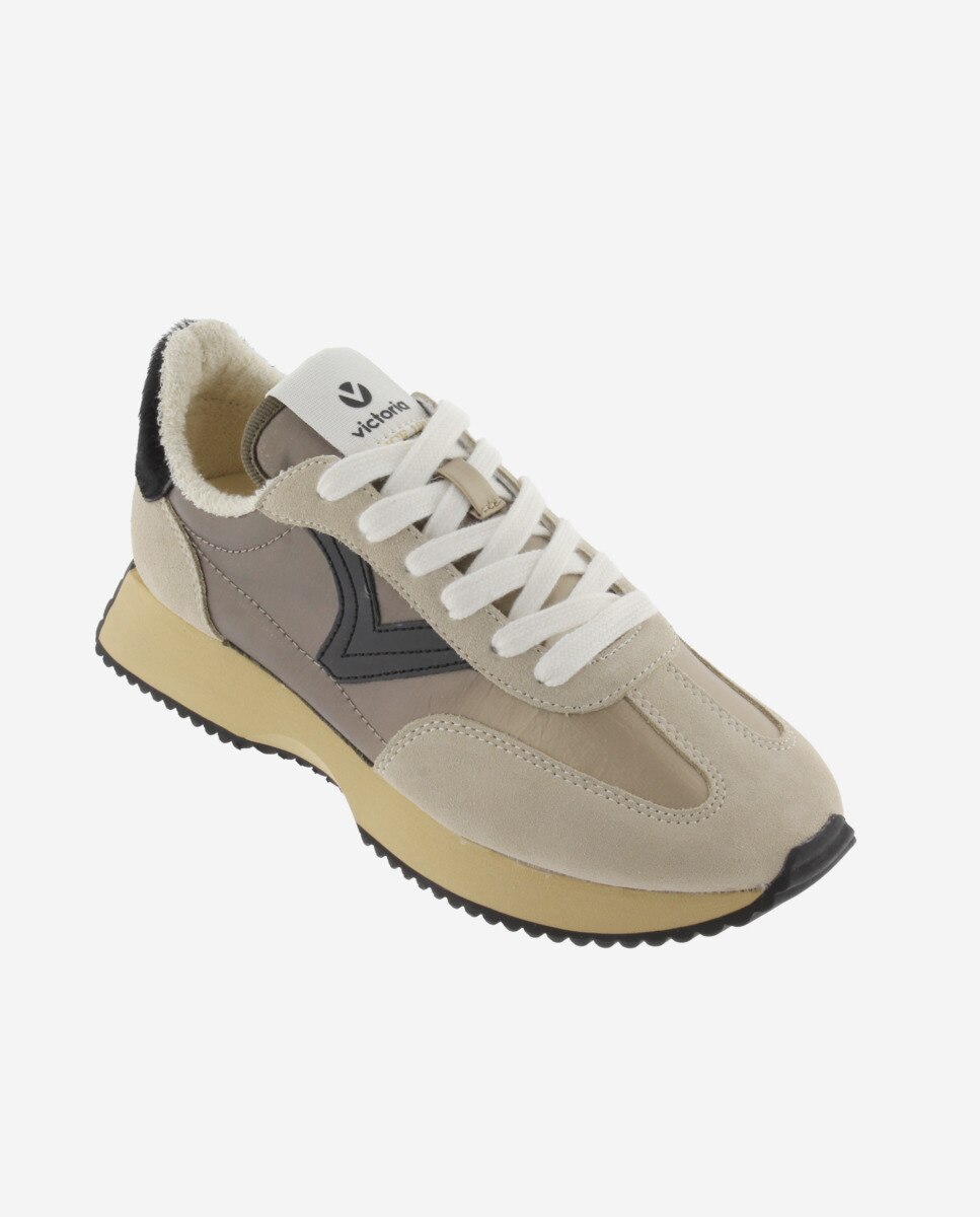Zapatillas deportivas de mujer de nylon metalizado con piezas animal print y de serraje y suela en sierra - Victoria - Beige Beige-3