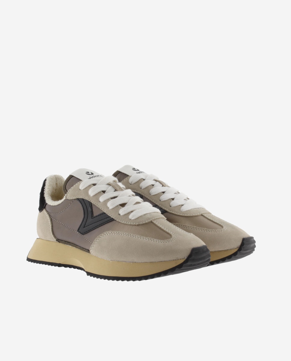 Zapatillas deportivas de mujer de nylon metalizado con piezas animal print y de serraje y suela en sierra - Victoria - Beige Beige-5
