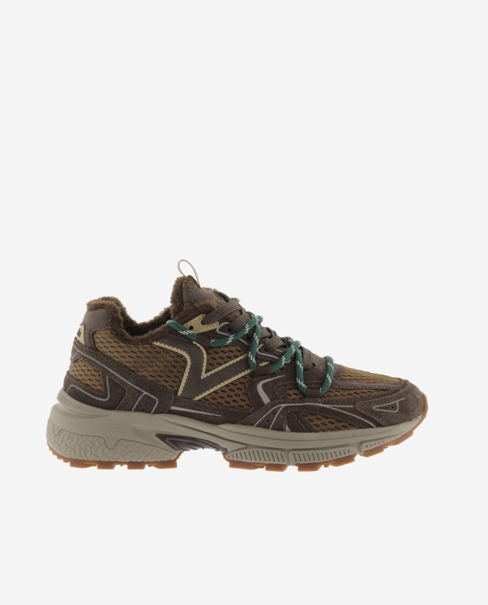 Zapatillas deportivas de mujer de malla con piezas de serraje al tono y borreguito - Victoria - Marrón Marrón-1