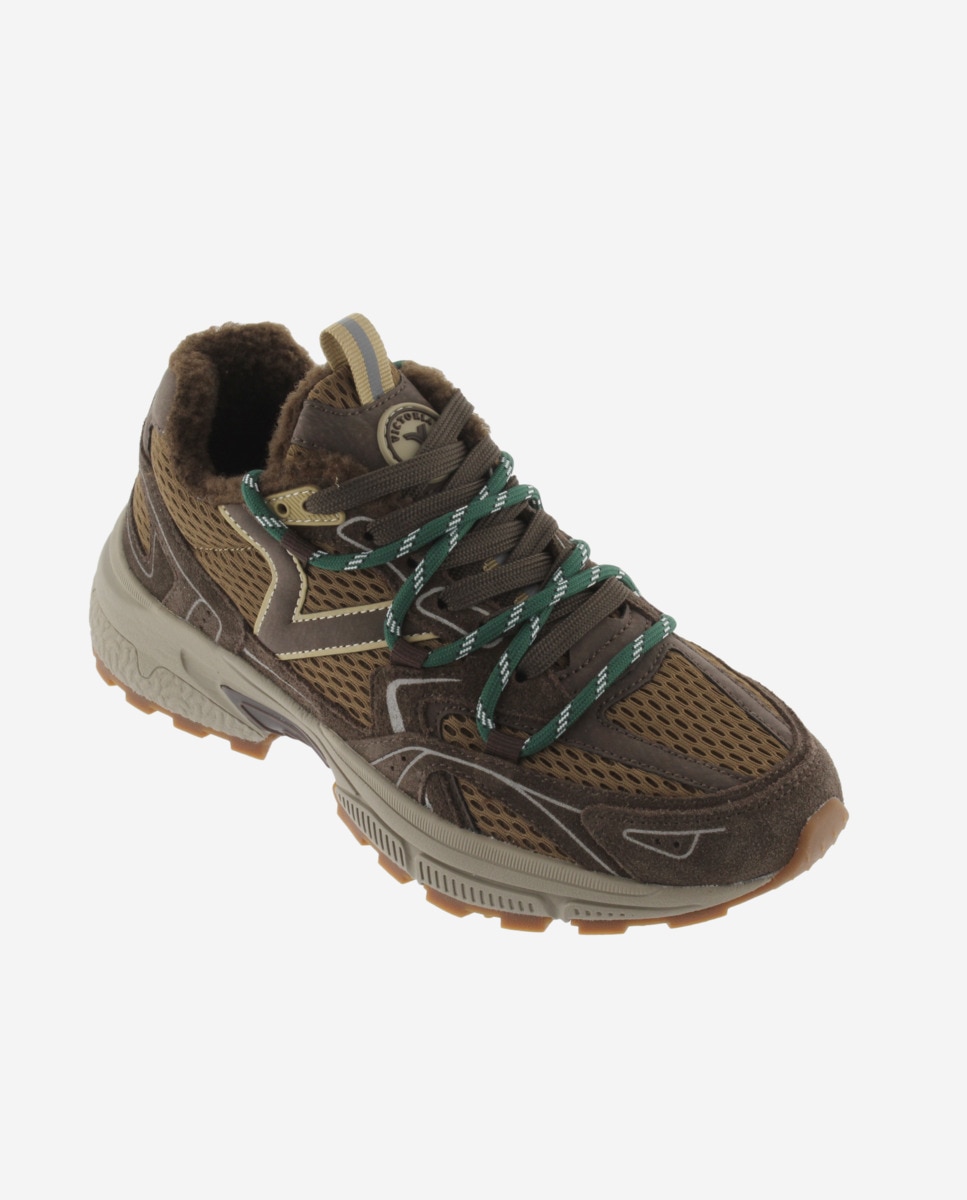 Zapatillas deportivas de mujer de malla con piezas de serraje al tono y borreguito - Victoria - Marrón Marrón-3
