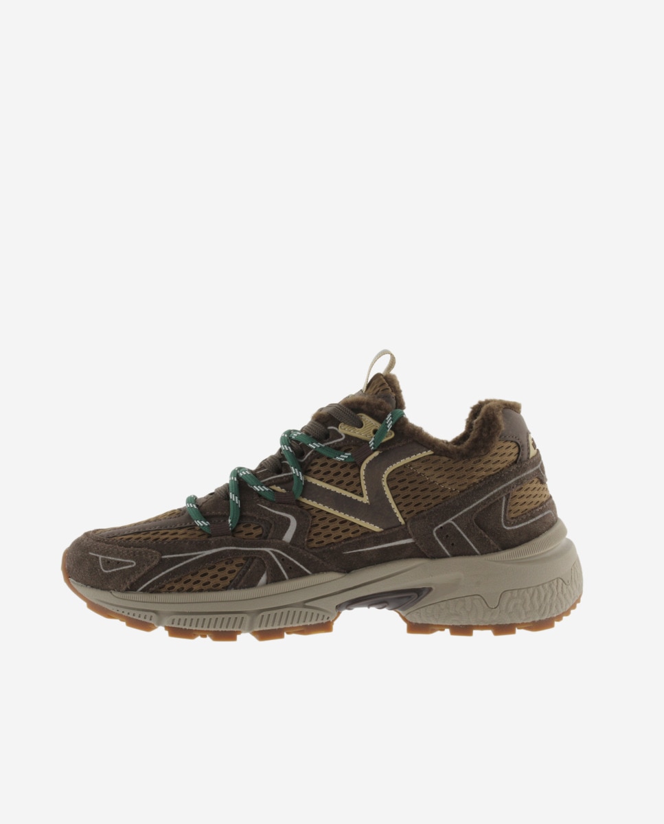 Zapatillas deportivas de mujer de malla con piezas de serraje al tono y borreguito - Victoria - Marrón Marrón-2