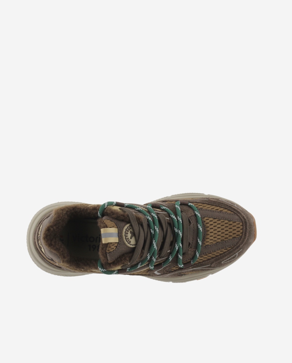 Zapatillas deportivas de mujer de malla con piezas de serraje al tono y borreguito - Victoria - Marrón Marrón-4