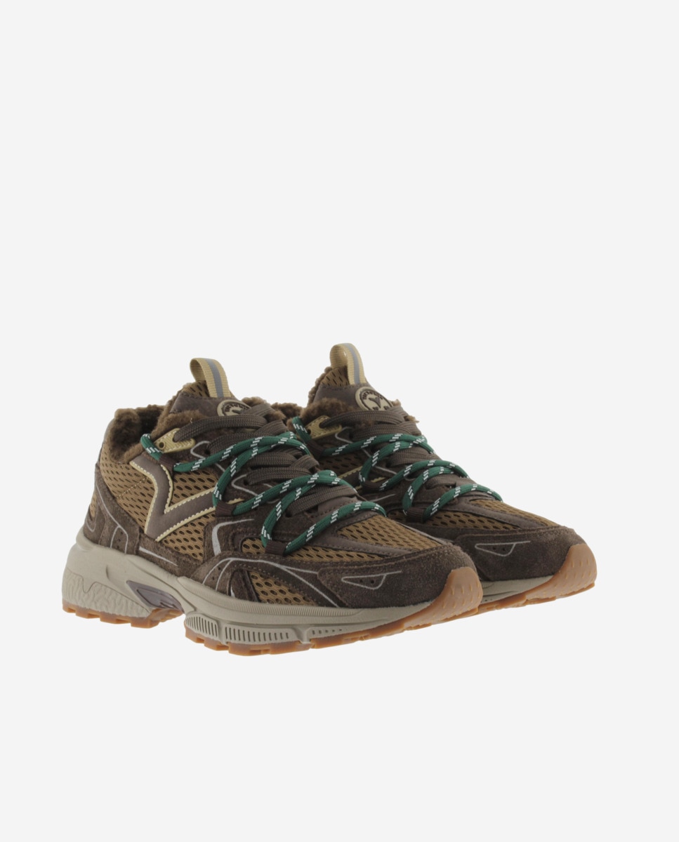 Zapatillas deportivas de mujer de malla con piezas de serraje al tono y borreguito - Victoria - Marrón Marrón-5