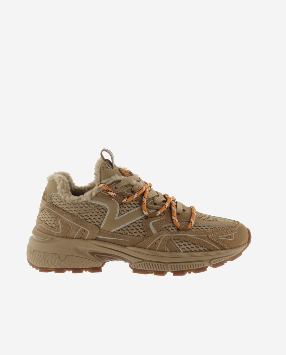 Zapatillas deportivas de mujer de malla con piezas de serraje al tono y borreguito - Victoria - Beige Beige-1
