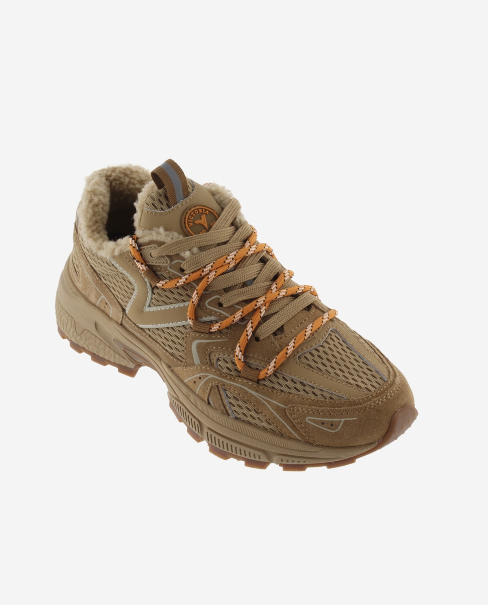 Zapatillas deportivas de mujer de malla con piezas de serraje al tono y borreguito - Victoria - Beige Beige-3
