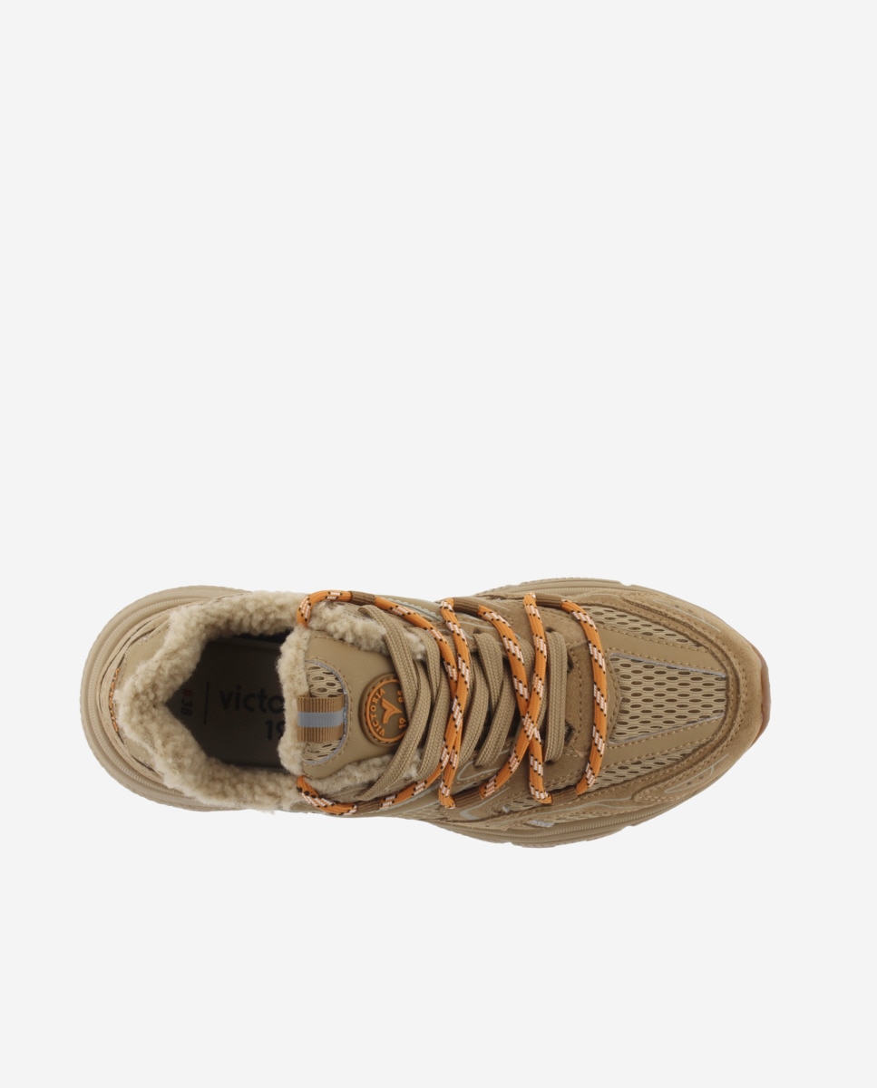 Zapatillas deportivas de mujer de malla con piezas de serraje al tono y borreguito - Victoria - Beige Beige-4
