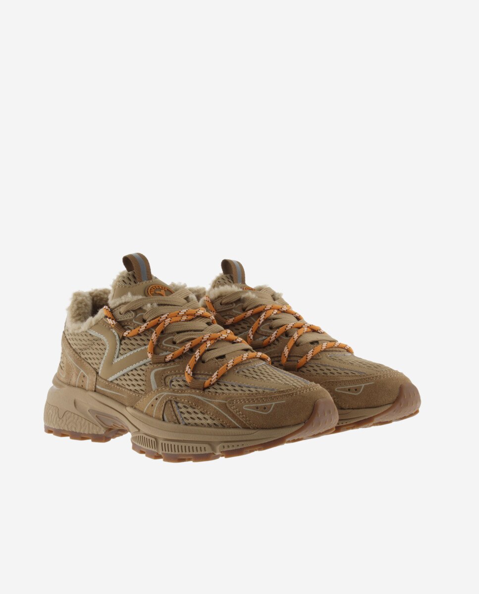 Zapatillas deportivas de mujer de malla con piezas de serraje al tono y borreguito - Victoria - Beige Beige-5