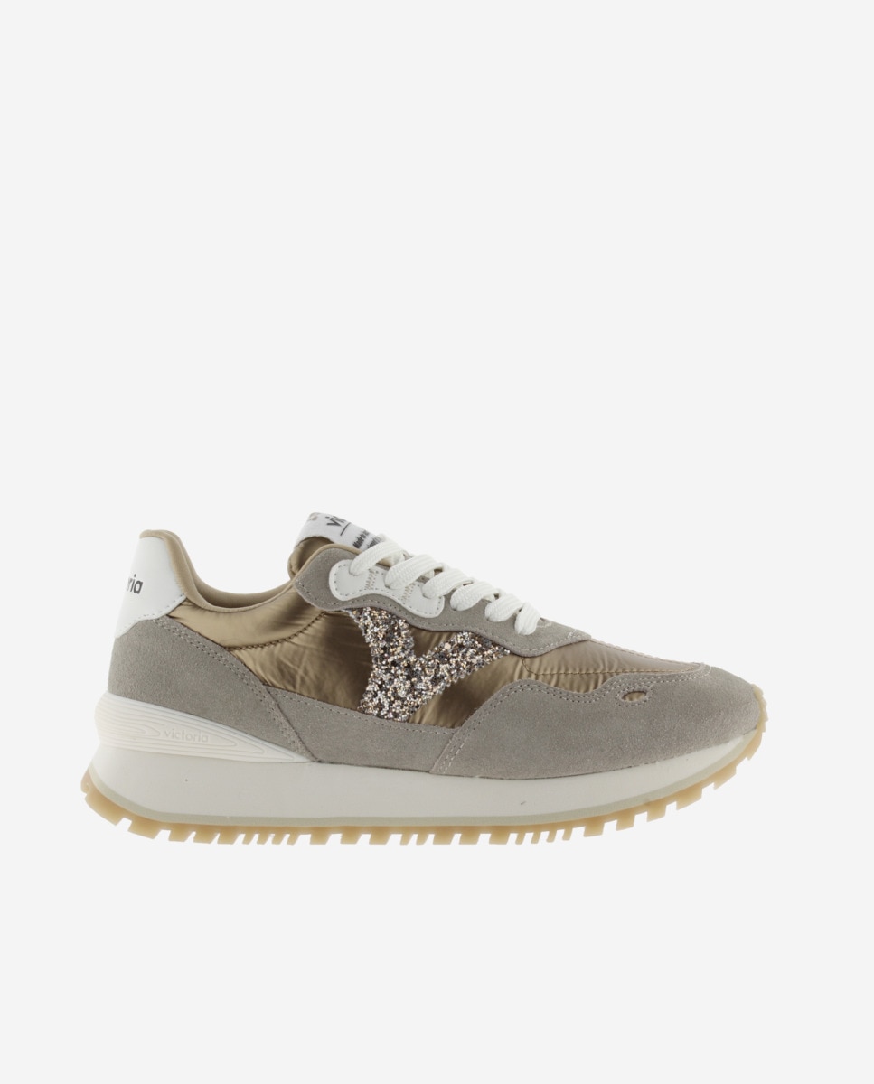 Zapatillas deportivas de mujer de nylon metalizado con piezas de serraje al tono y suela dentada - Victoria - Oro Oro-1