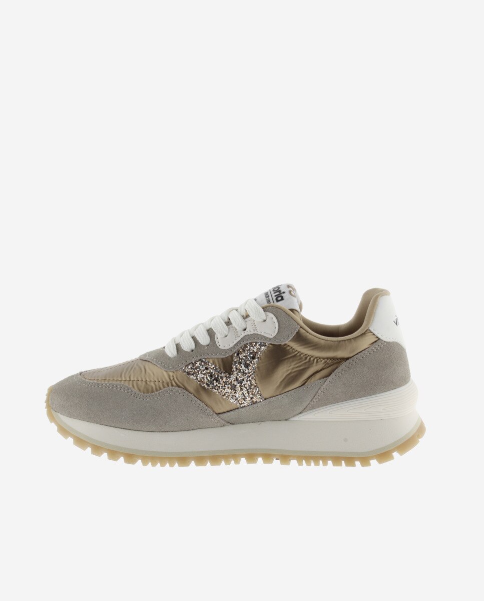 Zapatillas deportivas de mujer de nylon metalizado con piezas de serraje al tono y suela dentada - Victoria - Oro Oro-2