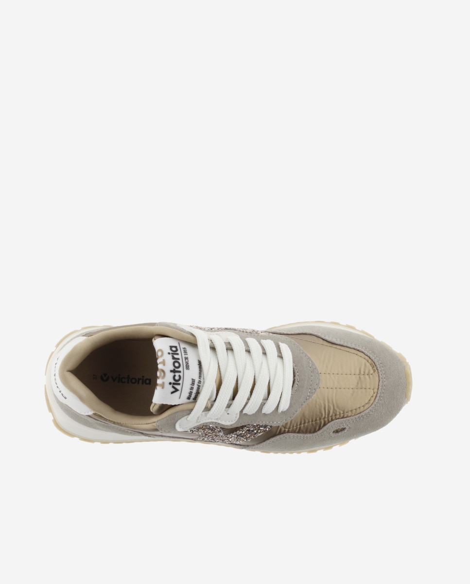 Zapatillas deportivas de mujer de nylon metalizado con piezas de serraje al tono y suela dentada - Victoria - Oro Oro-4