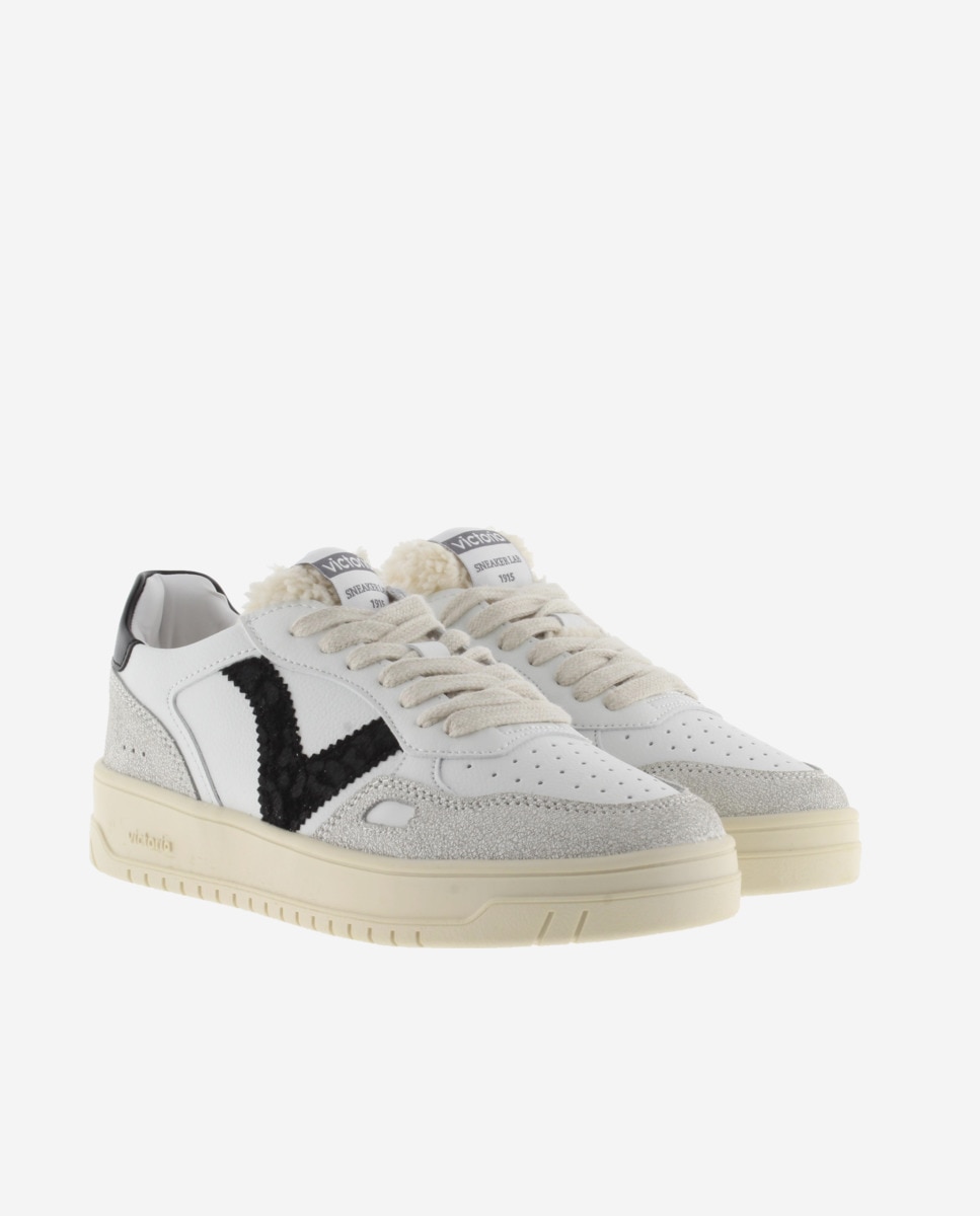 Zapatillas deportivas de mujer con piezas en serraje craquelado y logotipo en animal print - Victoria - Negro Negro-5
