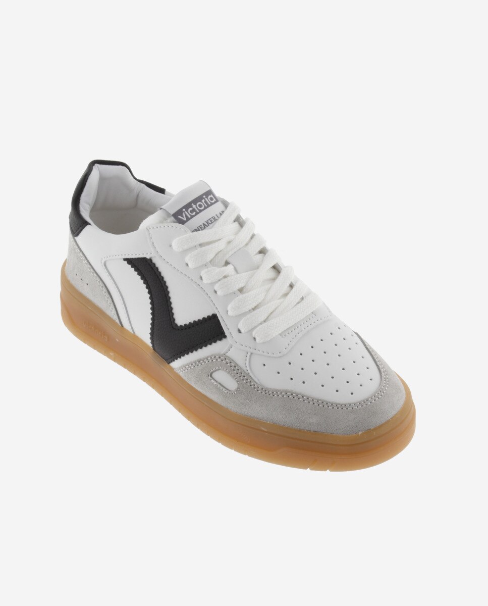 Zapatillas deportivas unisex con piezas en contraste y de serraje y suela caramelo - Victoria - Blanco Blanco-3