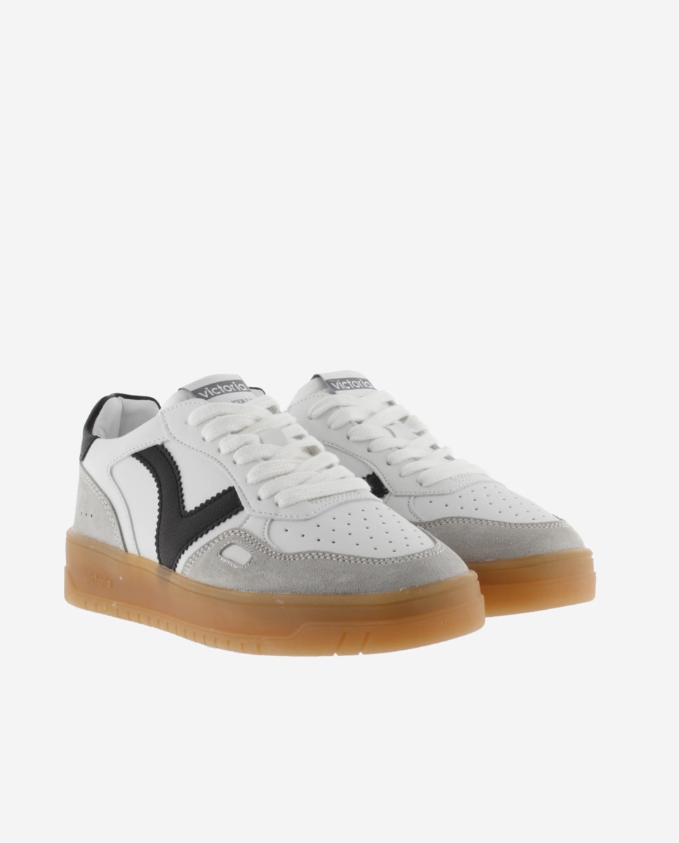 Zapatillas deportivas unisex con piezas en contraste y de serraje y suela caramelo - Victoria - Blanco Blanco-5