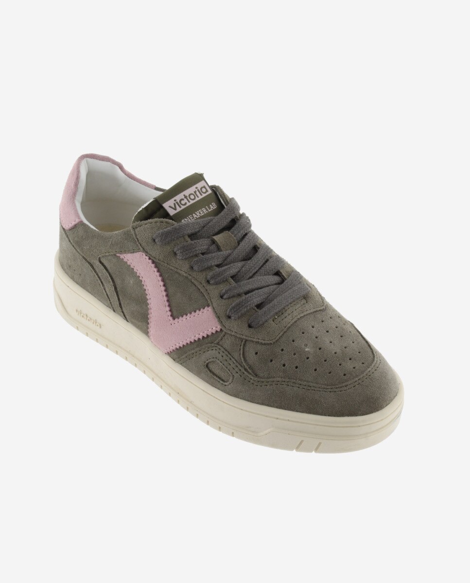 Zapatillas de serraje unisex con piezas en contraste y cordones al tono - Victoria - Kaki Kaki-3