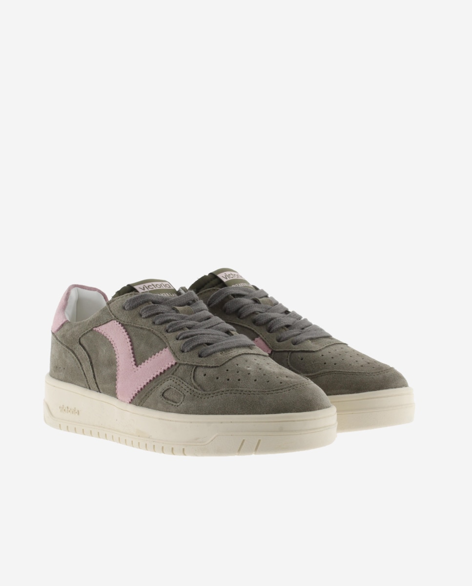 Zapatillas de serraje unisex con piezas en contraste y cordones al tono - Victoria - Kaki Kaki-5