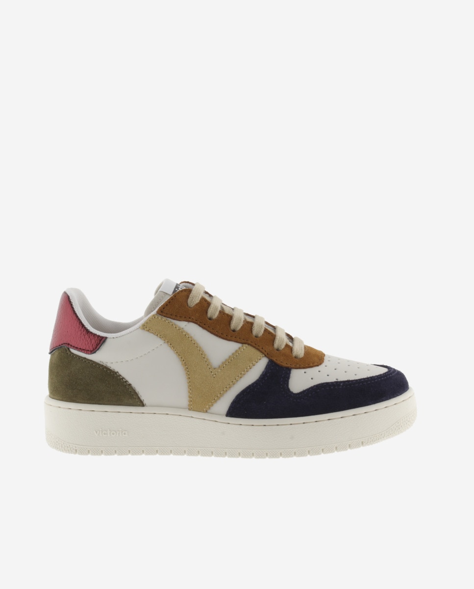 Zapatillas deportivas de mujer con piezas multicolor de serraje y trasera metalizada - Victoria - Azul marino Azul marino-1