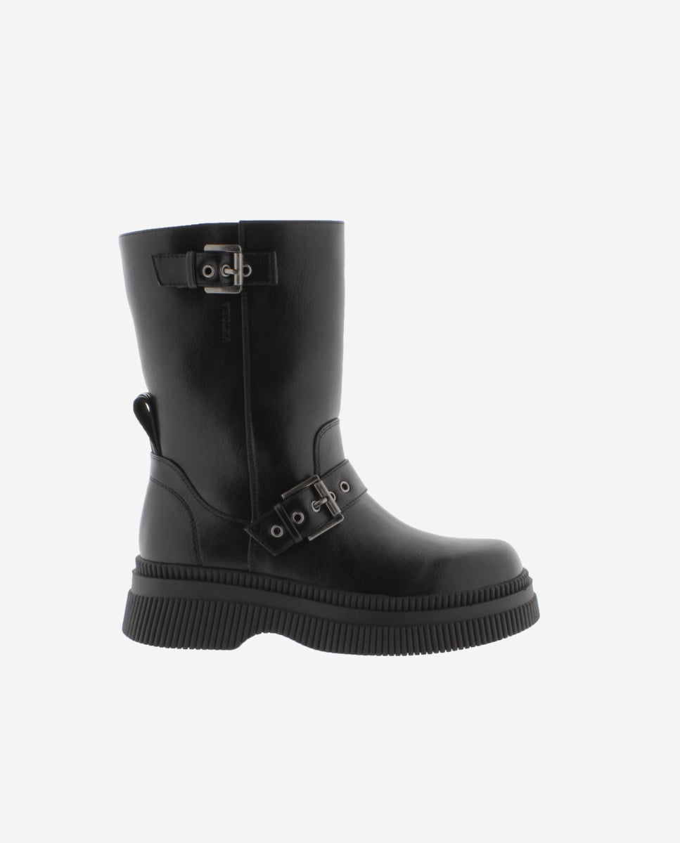 Botas de mujer negro monocromo con suela gruesa y doble correa