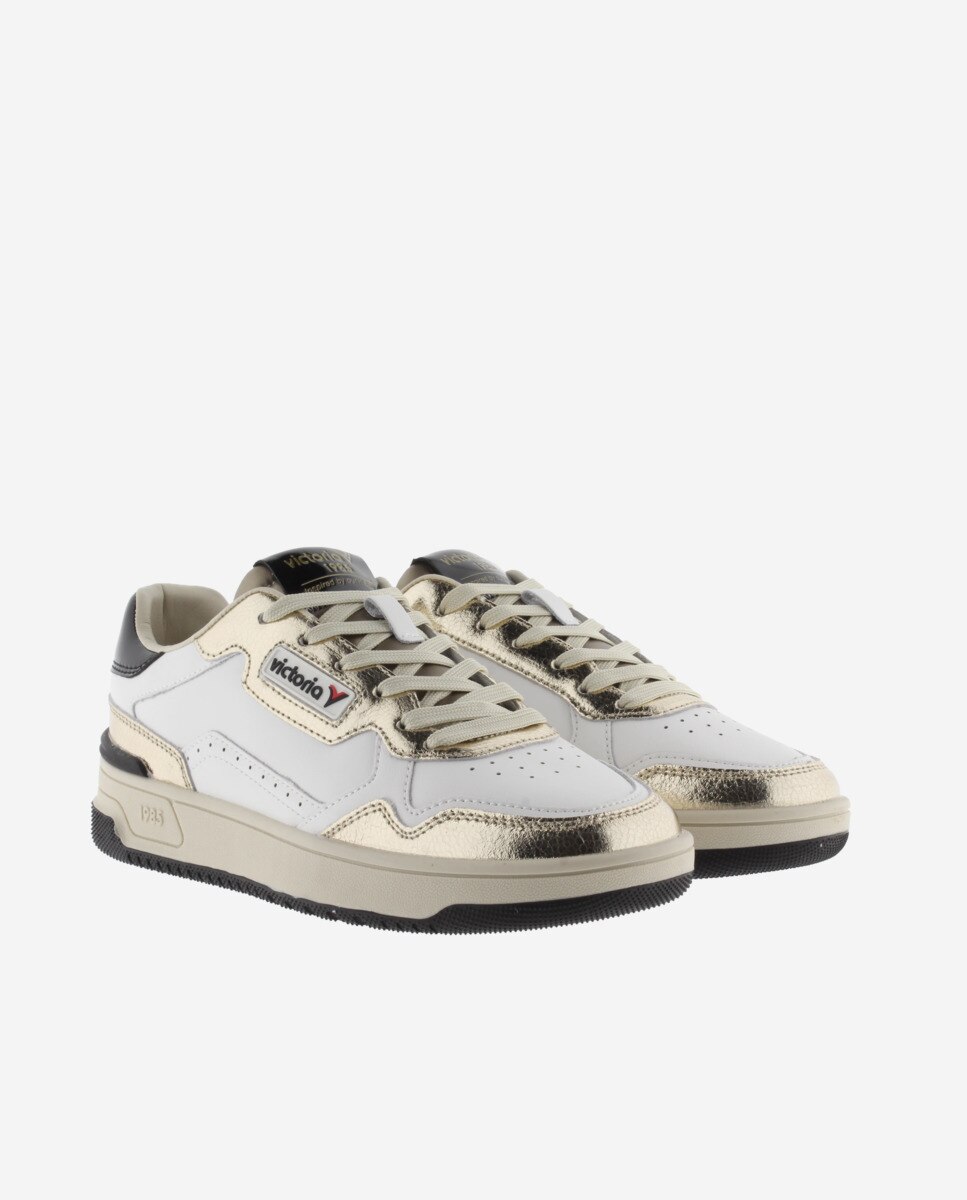Zapatillas de piel de mujer con piezas metalizadas y logotipo retro - Victoria - Oro Oro-5