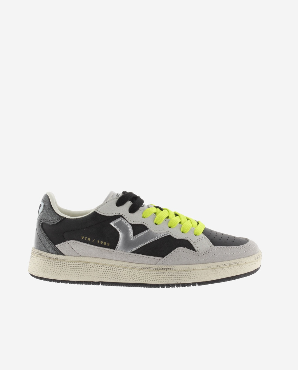Zapatillas deportivas de mujer de piel con piezas de glitter y metalizadas - Victoria - Negro Negro-1