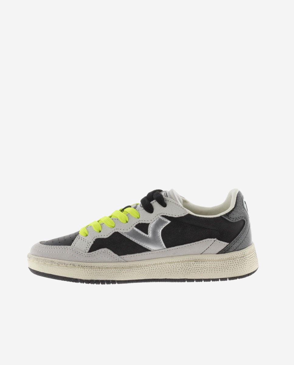 Zapatillas deportivas de mujer de piel con piezas de glitter y metalizadas - Victoria - Negro Negro-2