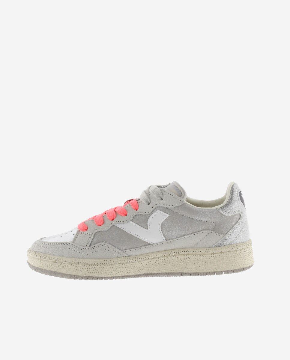 Zapatillas deportivas de mujer de piel con piezas de glitter y metalizadas - Victoria - Plata Plata-2