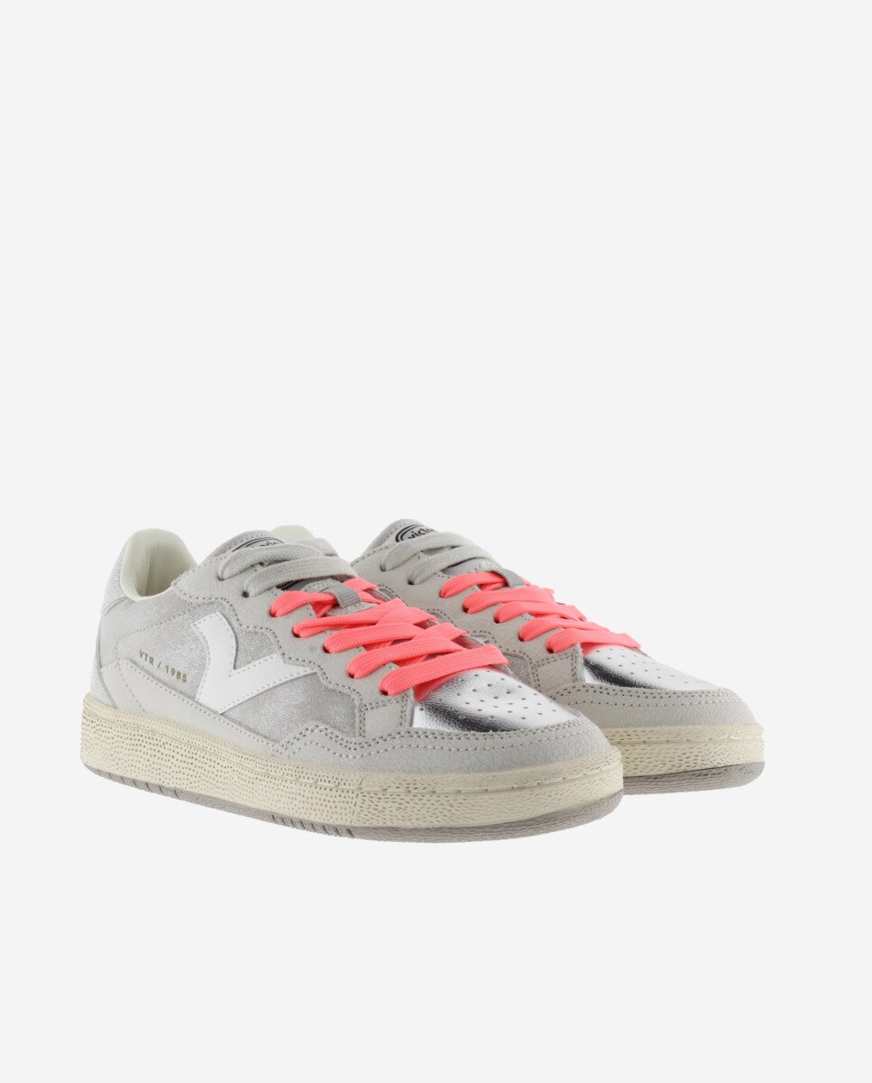 Zapatillas deportivas de mujer de piel con piezas de glitter y metalizadas - Victoria - Plata Plata-5
