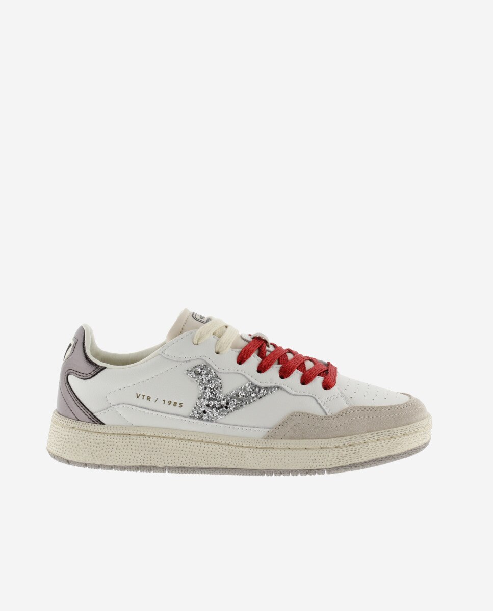 Zapatillas deportivas de mujer de piel con piezas de glitter y metalizadas - Victoria - Blanco Blanco-1