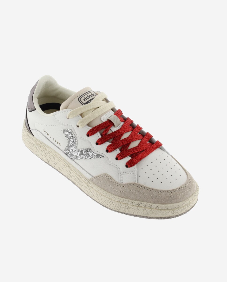 Zapatillas deportivas de mujer de piel con piezas de glitter y metalizadas - Victoria - Blanco Blanco-3