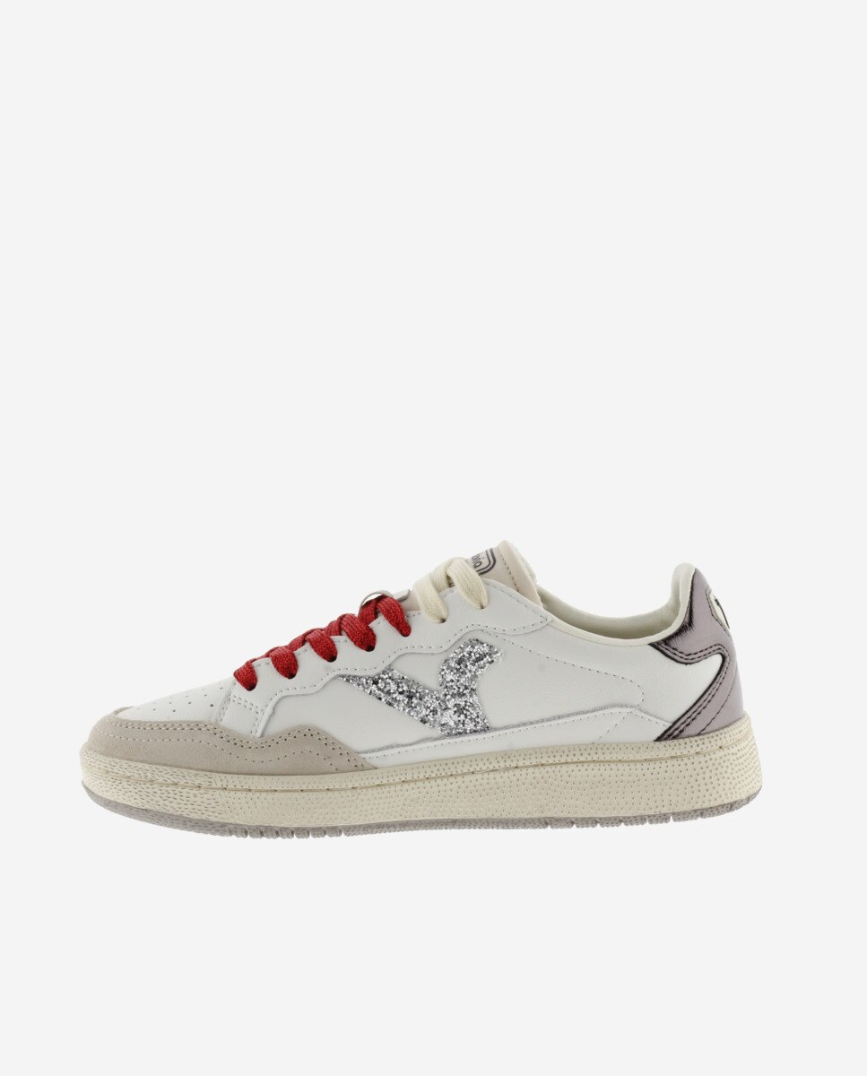 Zapatillas deportivas de mujer de piel con piezas de glitter y metalizadas - Victoria - Blanco Blanco-2