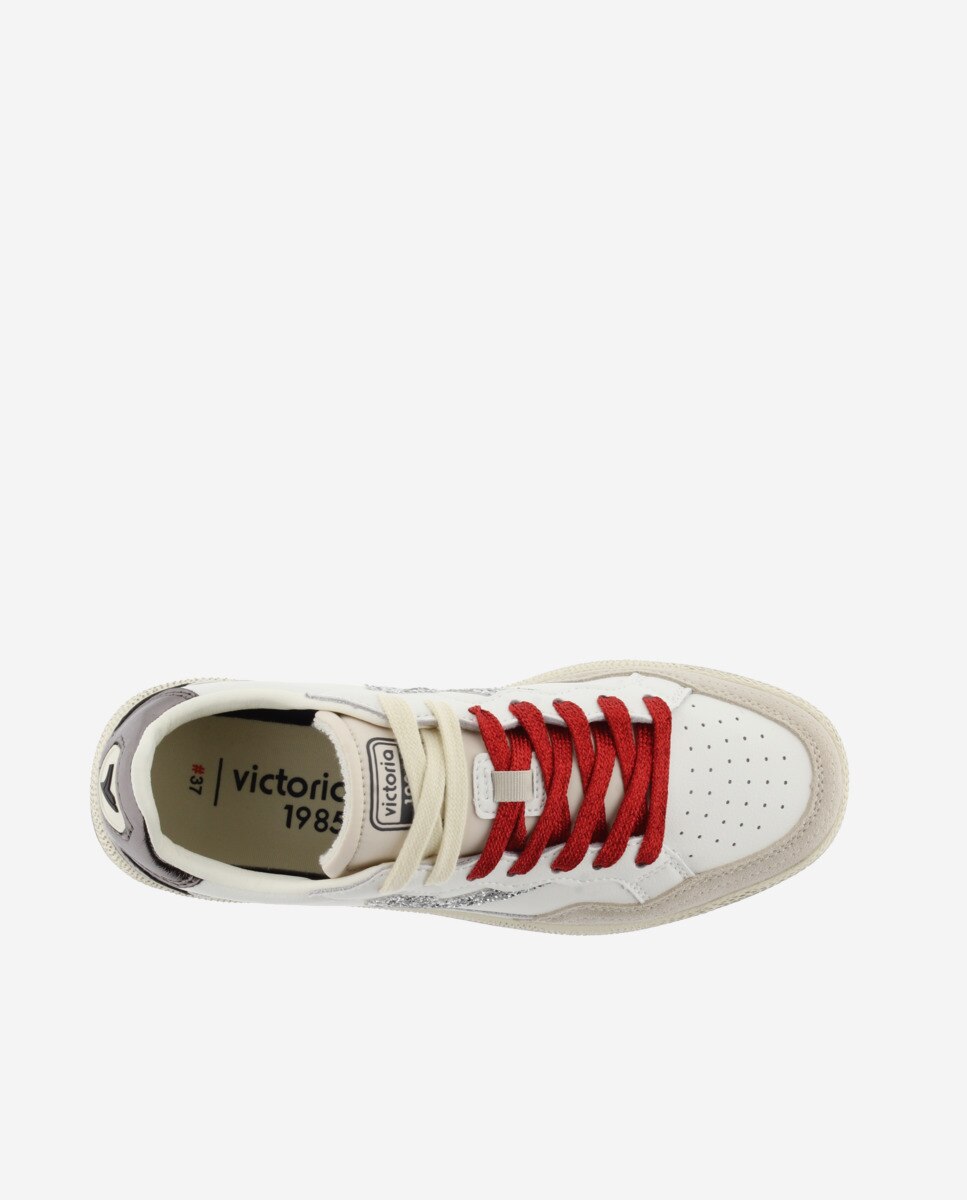 Zapatillas deportivas de mujer de piel con piezas de glitter y metalizadas - Victoria - Blanco Blanco-4
