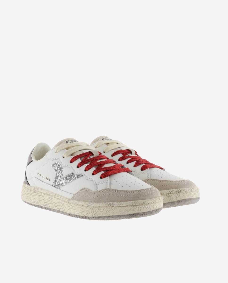 Zapatillas deportivas de mujer de piel con piezas de glitter y metalizadas - Victoria - Blanco Blanco-5
