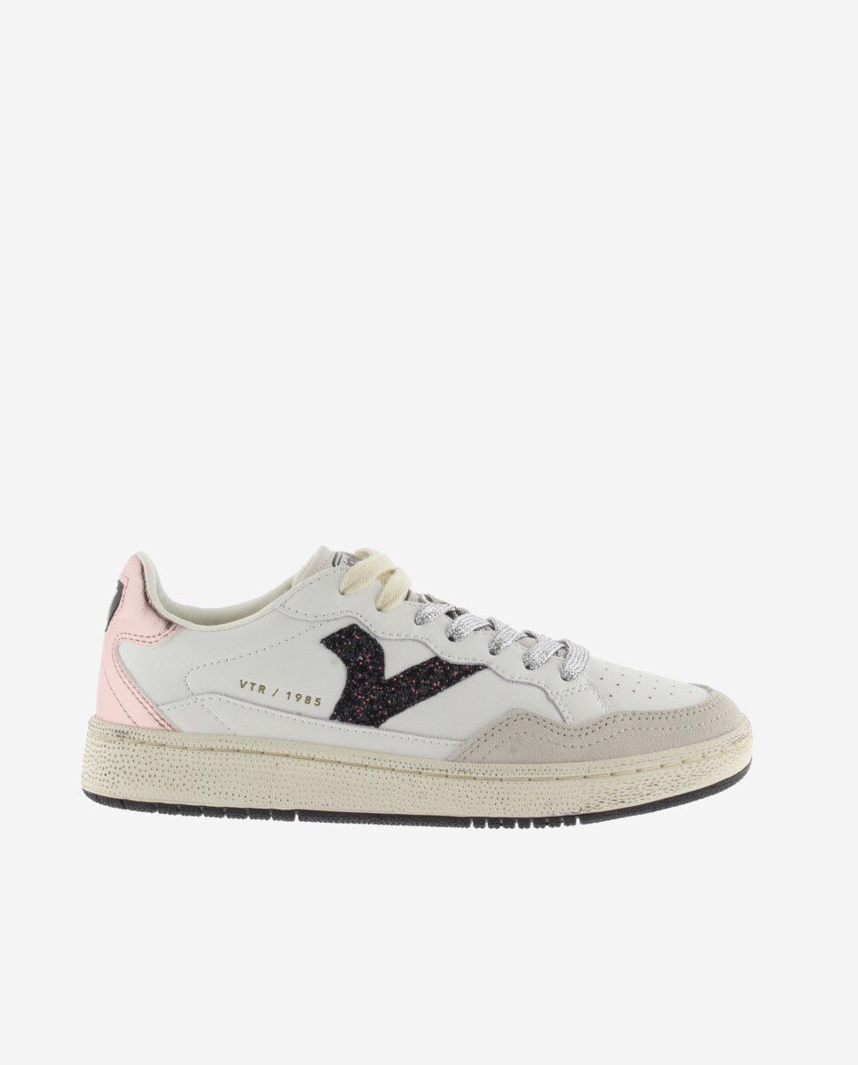 Zapatillas deportivas de mujer de piel con piezas de glitter y metalizadas - Victoria - Rosa Rosa-1