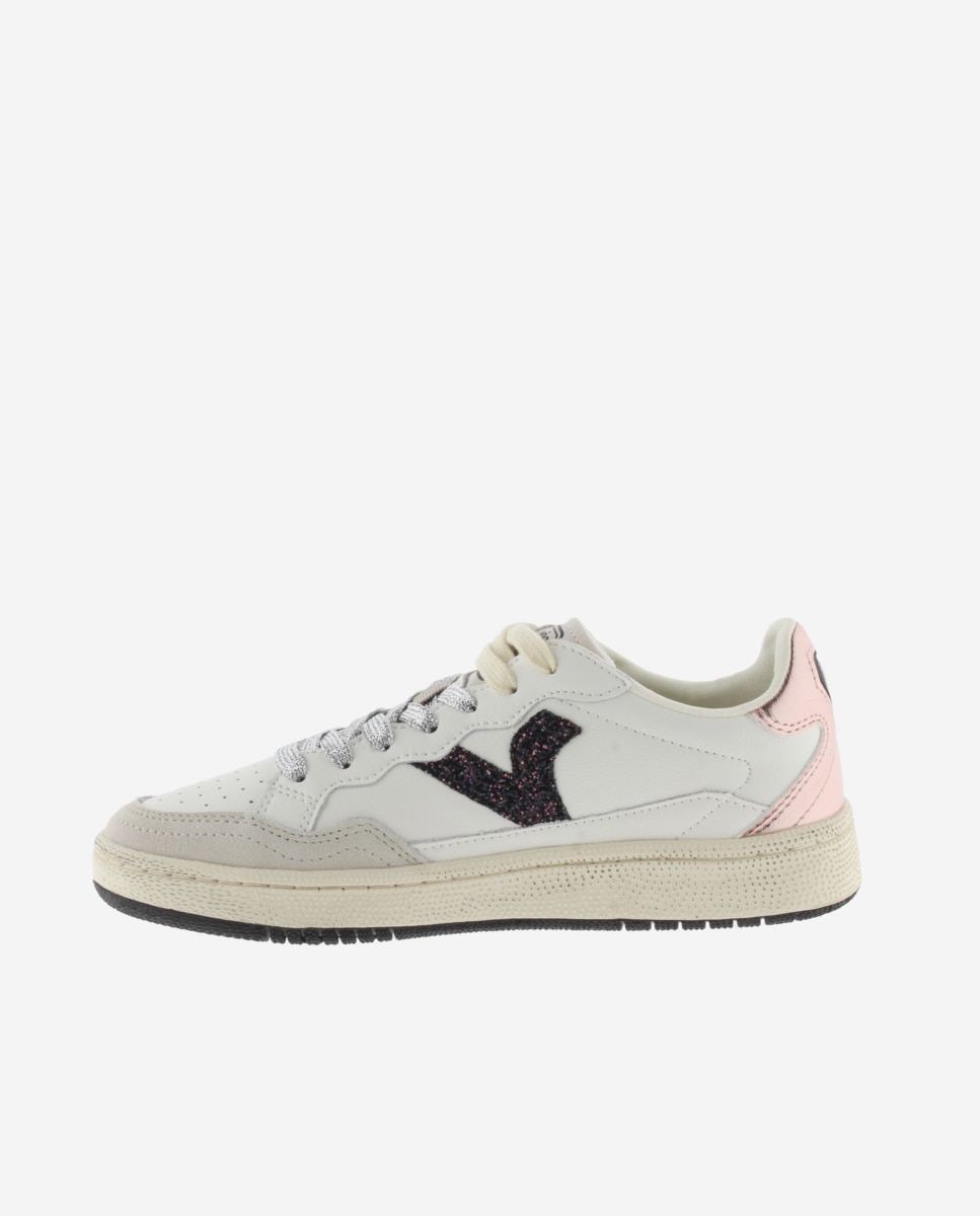 Zapatillas deportivas de mujer de piel con piezas de glitter y metalizadas - Victoria - Rosa Rosa-3