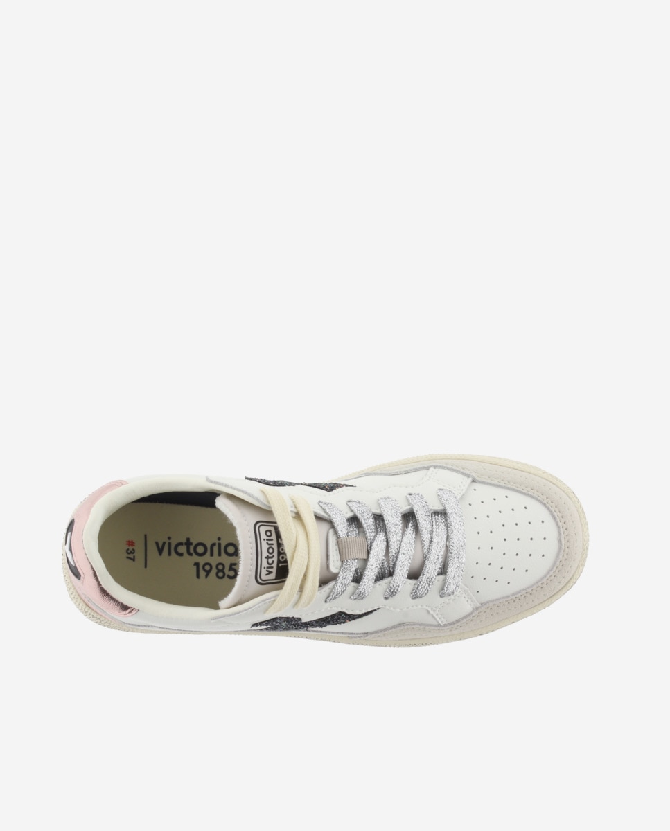 Zapatillas deportivas de mujer de piel con piezas de glitter y metalizadas - Victoria - Rosa Rosa-4