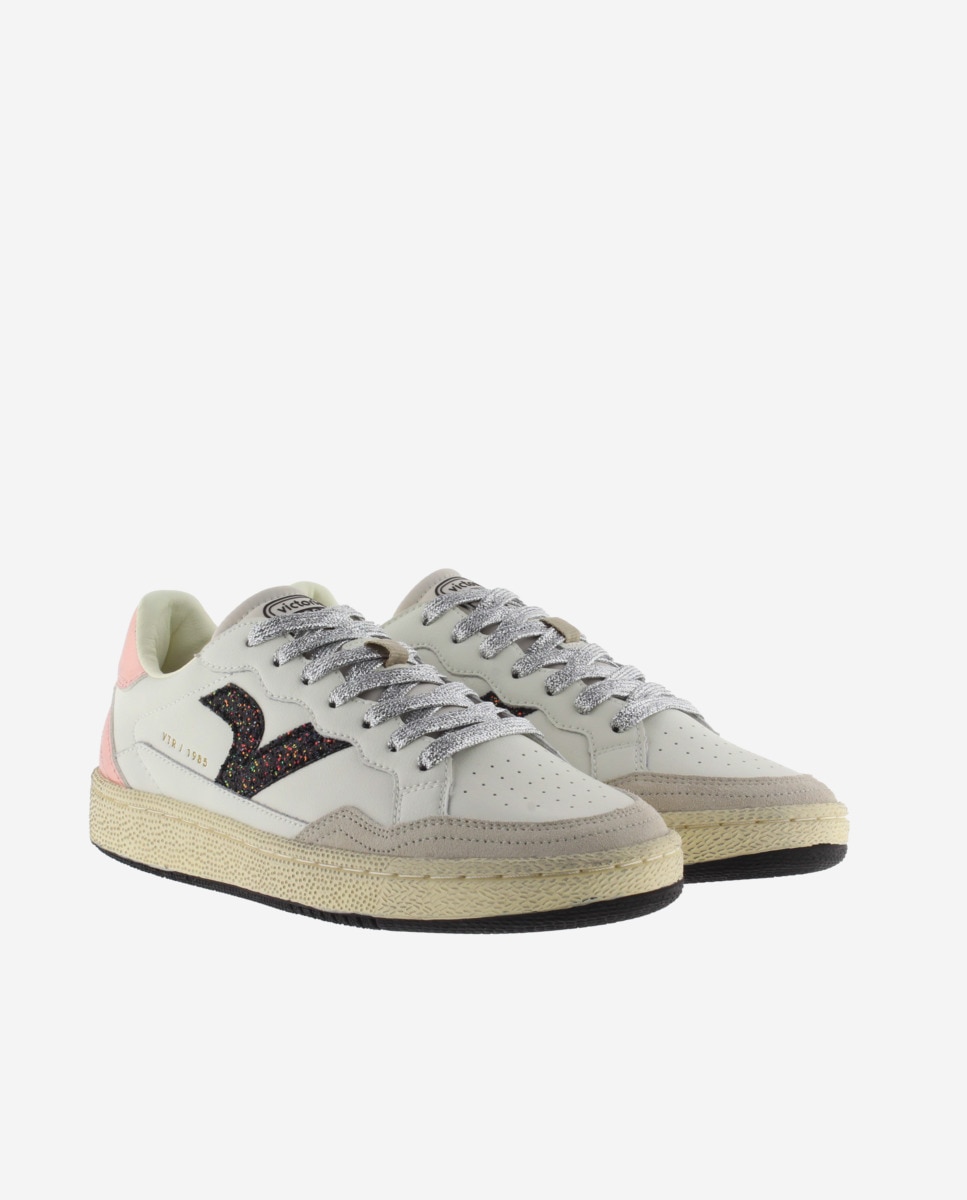 Zapatillas deportivas de mujer de piel con piezas de glitter y metalizadas - Victoria - Rosa Rosa-5