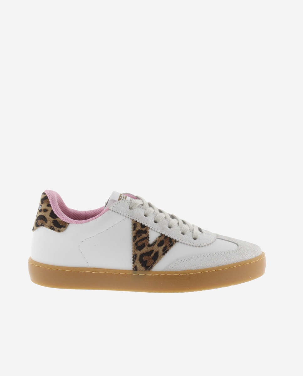 Zapatillas deportivas de mujer con piezas de serraje y animal print y suela caramelo - Victoria - Blanco hielo Blanco hielo-1