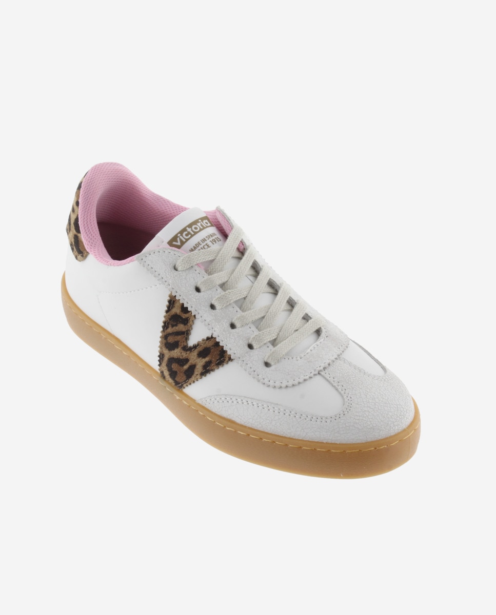 Zapatillas deportivas de mujer con piezas de serraje y animal print y suela caramelo - Victoria - Blanco hielo Blanco hielo-3