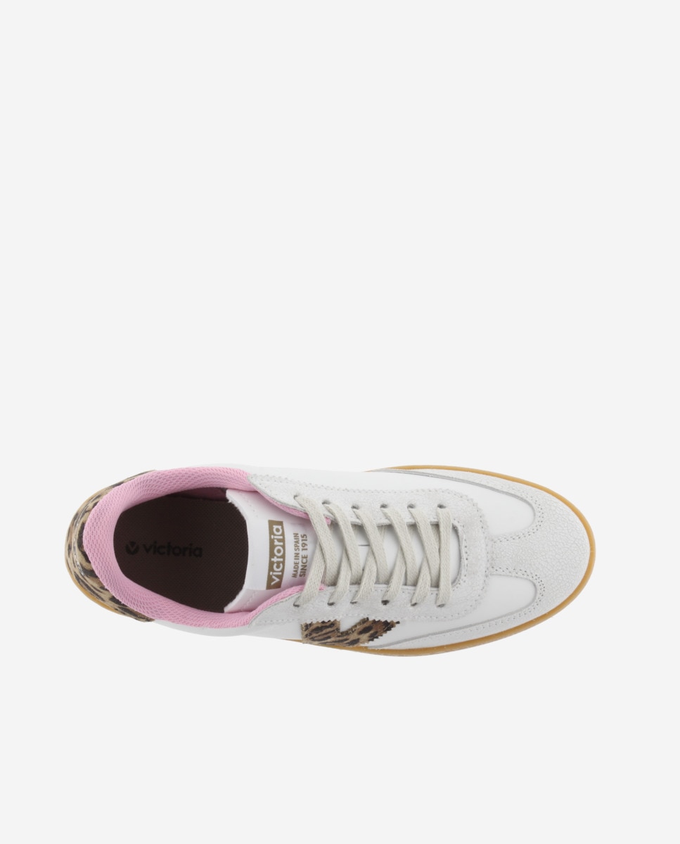 Zapatillas deportivas de mujer con piezas de serraje y animal print y suela caramelo - Victoria - Blanco hielo Blanco hielo-4